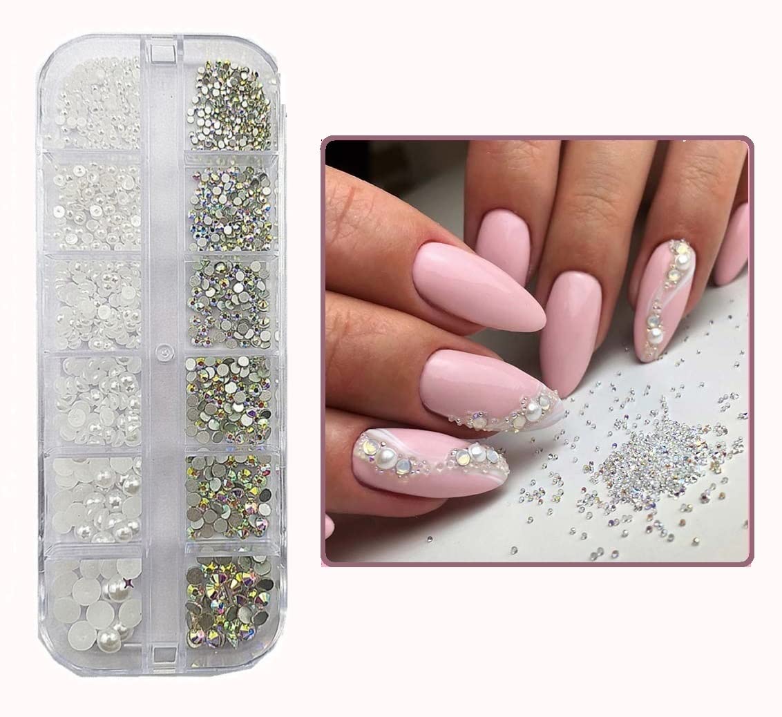 EREBEX 12 Grids White Flat Pearls,AB Glass Flat Crystals, Rhinestones Stones Nail Art Decorations, DIY Manicure for Women
