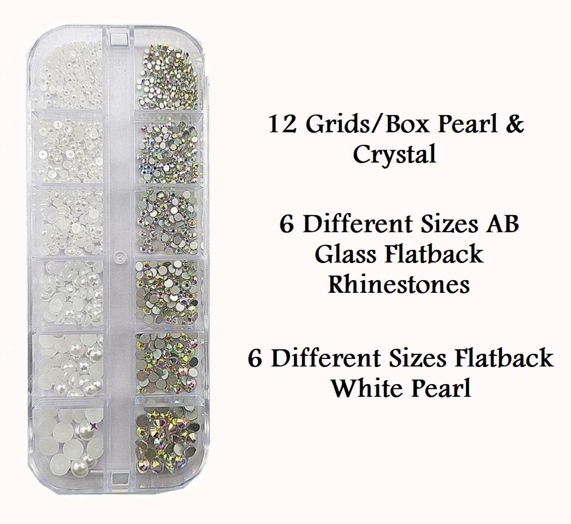 EREBEX 12 Grids White Flat Pearls,AB Glass Flat Crystals, Rhinestones Stones Nail Art Decorations, DIY Manicure for Women