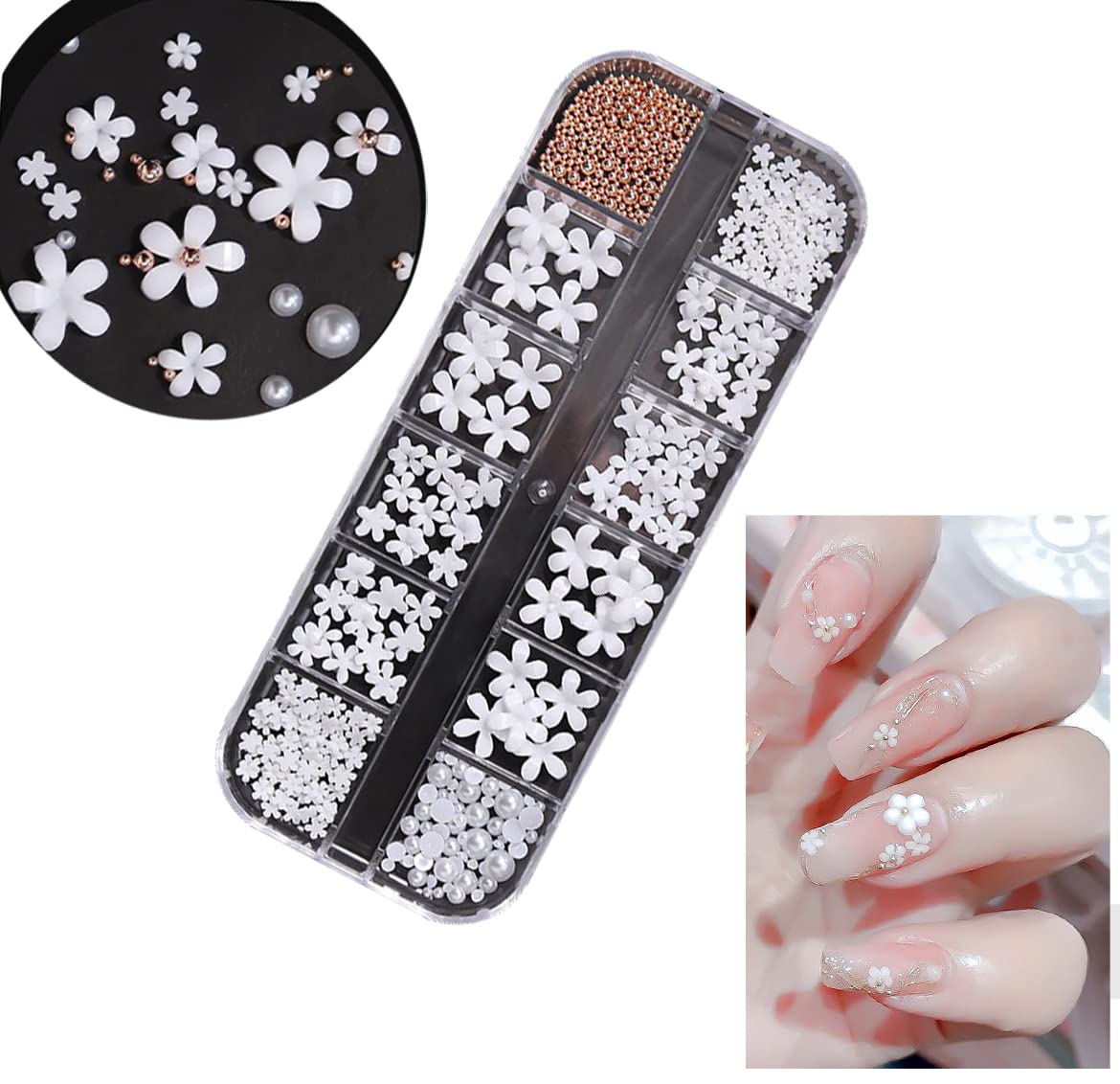 DIY Nail Art Decorations Palette Resin Five Petal White Flowers, Rose Gold Caviar Steel Beads, Mix Pearls Nail Art Accessories For Manicure