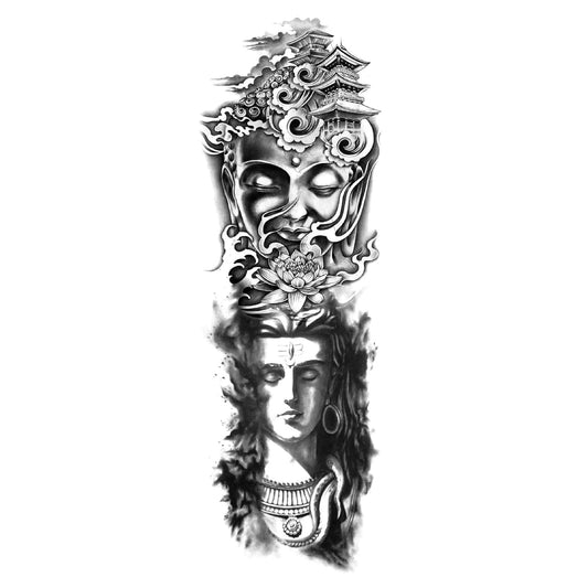 EREBEX Full Arm, Hand Temporary Tattoo Buddha Shiva Gods Design Tattoo Sticker Size 48x17CM - 1PC.