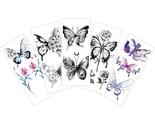 EREBEX 5pcs. Temporary Tattoo Stickers Combo Of Butterflies Colored and B&W Mix Design Sticker Size 10.5x6cm