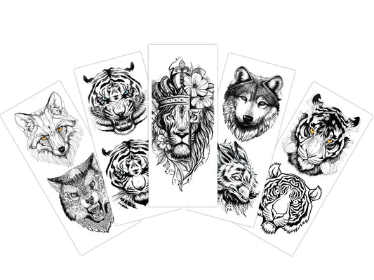 EREBEX 5pcs. Temporary Tattoo Stickers Combo Of Lion, Wolf, Tiger Wild Animals Mix Design Sticker Size 10.5x6cm Black