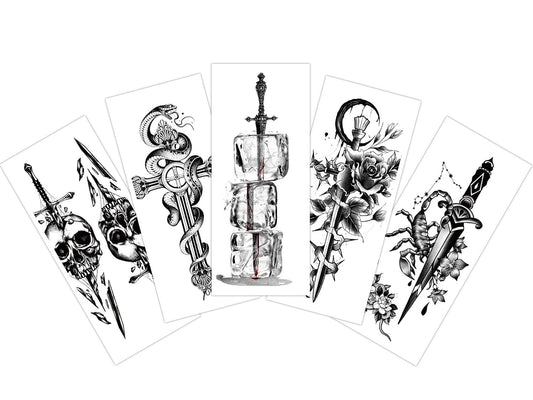 EREBEX 5pcs. Temporary Tattoo Stickers Combo Of Sword, Snake on Cross, Skull, Scorpion, Flowers Mix Design Sticker Size 10.5x6cm