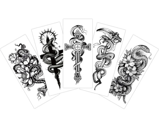 EREBEX 5pcs. Temporary Tattoo Stickers Combo Of Snakes, Cross, Flowers Mix Designs Sticker Size 10.5x6cm Black