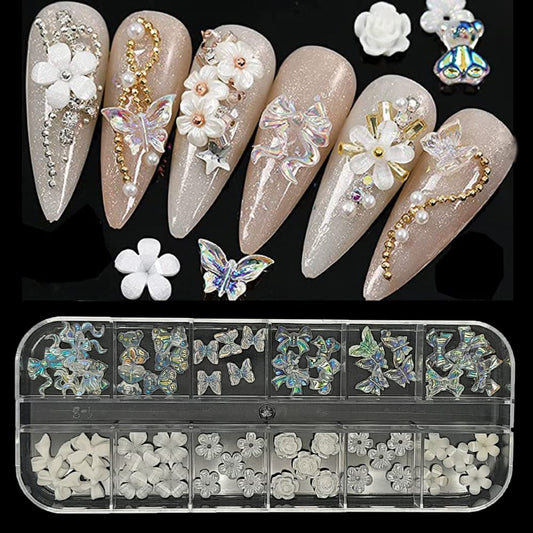 EREBEX 3D Shell Flower, Nail Art Palette Decorations, 12 Grids Arora Bow Butterfly, Nail decorations Art Accessories Jewelry DIY For Manicure Design.