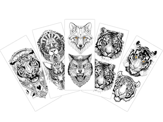 EREBEX 5pcs. Temporary Tattoo Stickers Combo Of Wild Animals Tiger, Lion, Wolf Mix Design Sticker Size 10.5x6cm Black