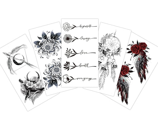EREBEX 5pcs. Temporary Tattoo Stickers Combo Of Flowers Text, Dreamcatcher, Rose Wings Mix Design Sticker Size 10.5x6cm Black
