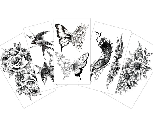 EREBEX 5pcs. Temporary Tattoo Stickers Combo Of Butterfly, Feathers, Flowers, Birds Mix Design Sticker Size 10.5x6cm